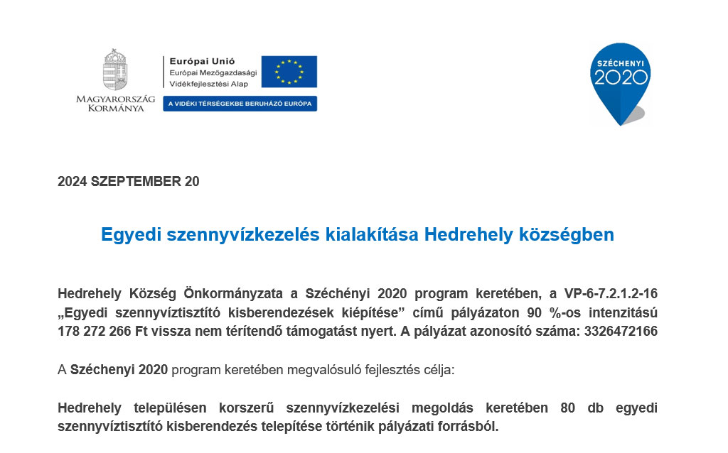 Egyedi szennyvízkezelés kialakítása Hedrehely községben - Sajtóközlemény
